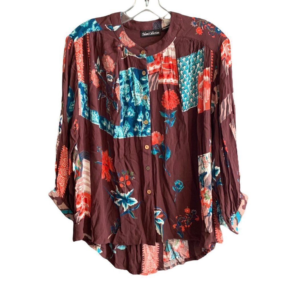 Tolani Collection Button Down Multi Color Floral & Block Top Size Small